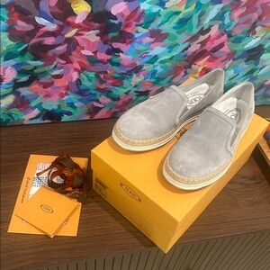 TOD’S Light Gray Suede Espadrille Loafers
